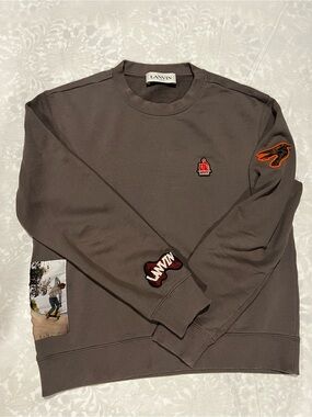 Lanvin Men's dinosaur Gray-Brown Crewneck Sweater with Patch Details
